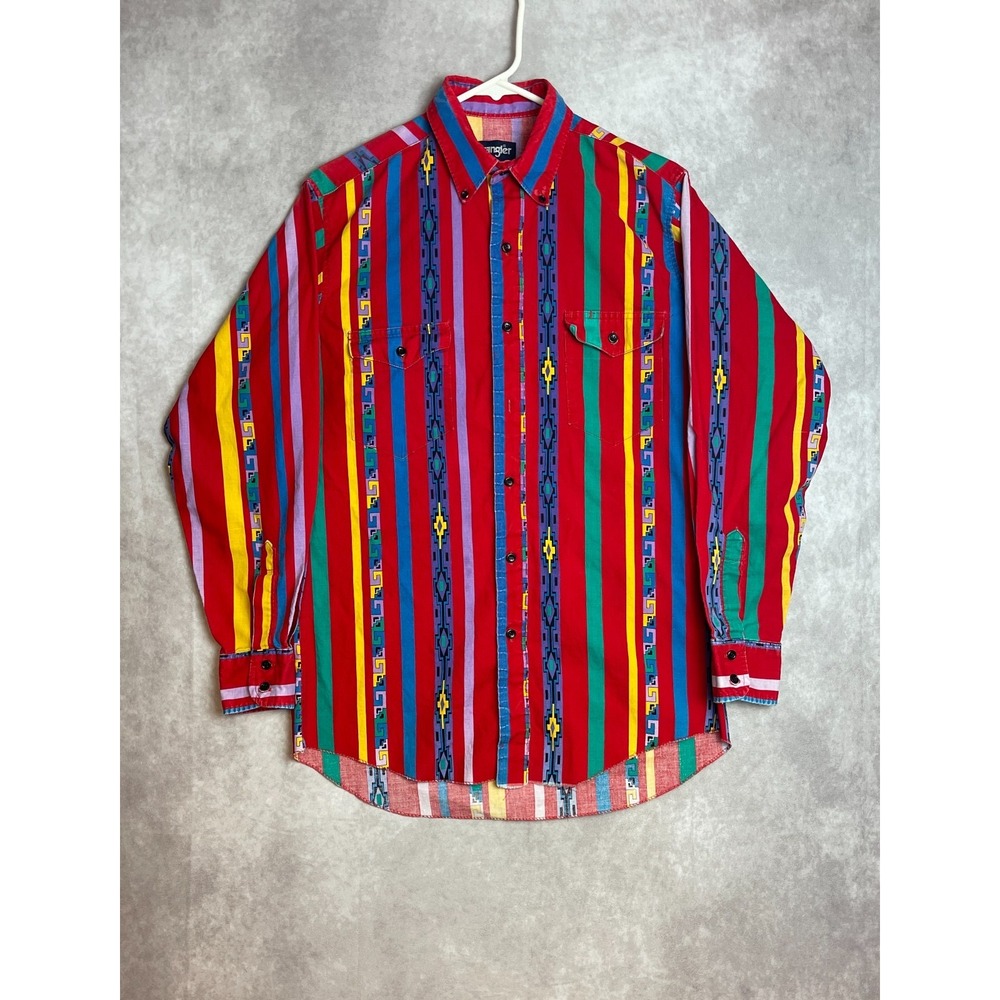 VINTAGE Wrangler Brushpopper Shirt Mens 15.5 33 Red Button Up Western Cowboy Cut